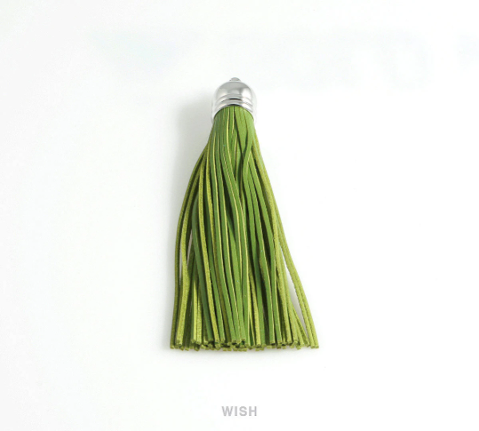 Green Leather Tassel with Bell Cap in Rhodium, Green Cowhide Tassel / LGRRH-006-T (1 piece)