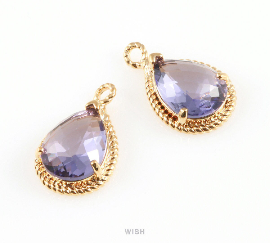 Amethyst Teardrop Glass Charm in Gold, Framed Drop Glass Gem / Birthstone / GTZG-006-P