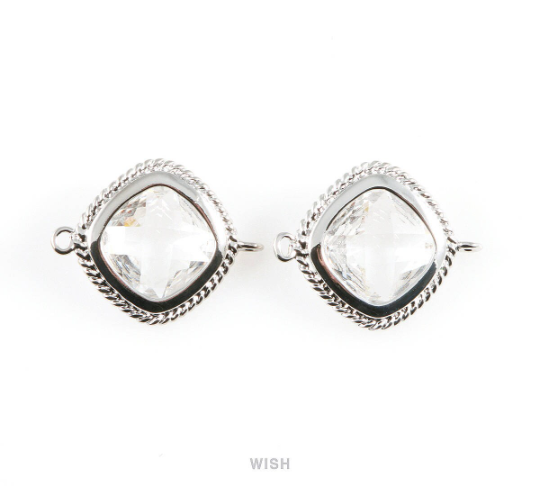 Clear Diamond Shape Connectors in Rhodium, Framed Diamond Charms / GCLRH-033-P