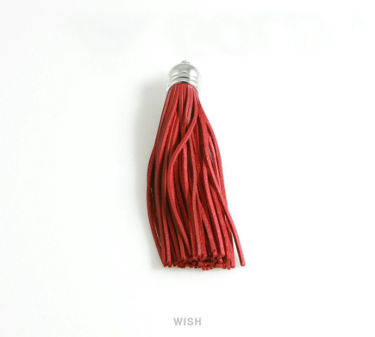 Red Leather Tassel with Bell Cap in Rhodium, Red Cowhide Tassel /LRDRH-006-T (1 piece)