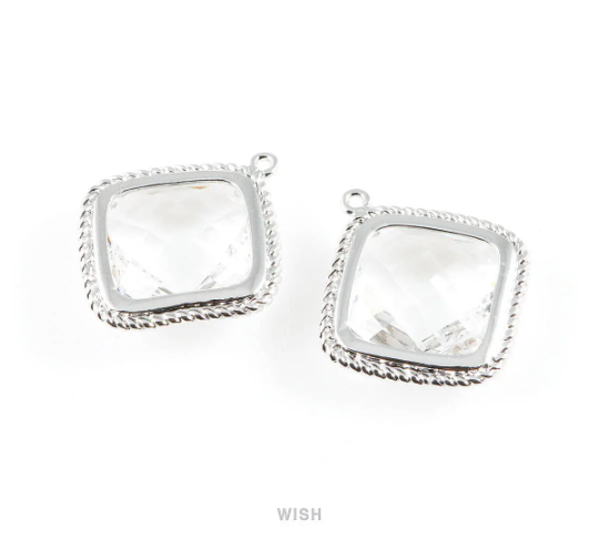 Clear Diamond Shape Pendants in Rhodium, Framed Diamond Charms / GCLRH-032-P