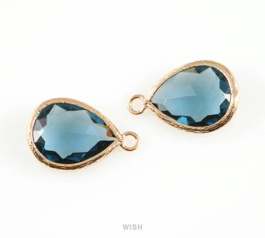 Montana Blue Teardrop Glass Charm in Gold, Framed Drop Glass Gem / GMBG-005-P