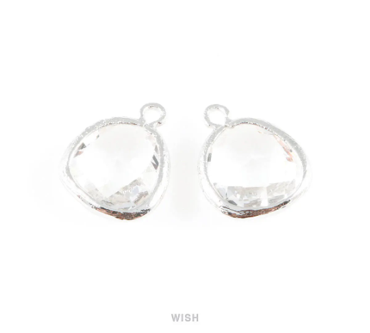Clear Faceted Glass Charm in Rhodium, Framed Drop Glass Gem / GCLRH-004-P (Medium)