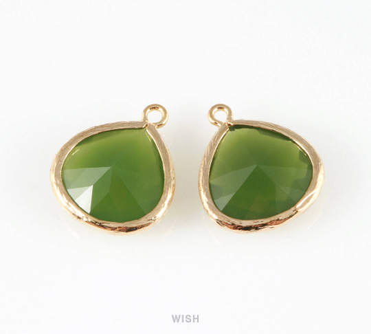 Dark Olivine Faceted Glass Charm in Gold, Framed Drop Glass Bead / GDOG-001-P
