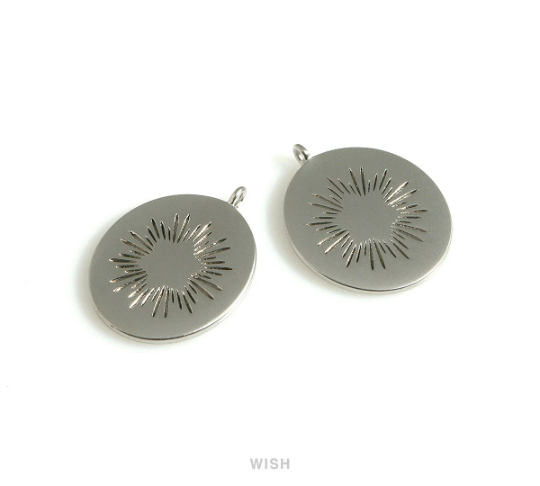 Starburst Disc Pendants in Matte Rhodium, Starburst Coin Charms / MMRH-661-P