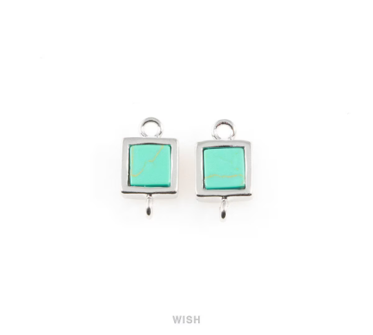 Turquoise Square Stone Charm in Rhodium, Gemstone Framed Connector / STQRH-049-C2