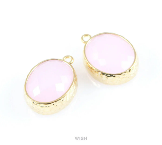 Rose Quartz Faceted Glass Charms in Gold, Framed Oval Pendant  / GRQG-009-P