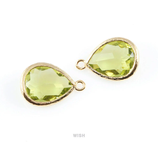 Apple Green Teardrop Glass Charm in Gold, Framed Drop Glass Gem / GAPG-005-P