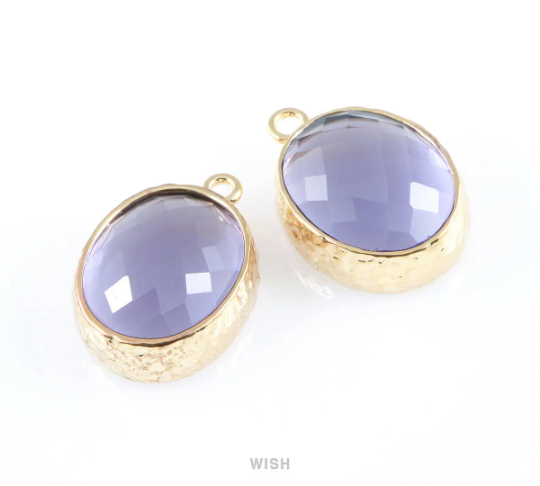 Amethyst Faceted Glass Charms in Gold, Framed Oval Pendant / GTZG-009-P