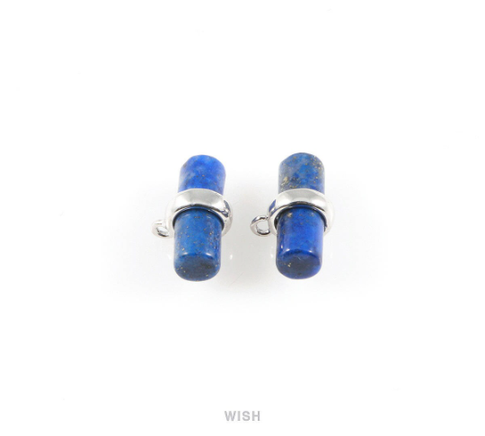 Lapis Lazuli Tube Stone Charm in Rhodium, Gemstone Framed Pendant / SLLRH-060-P