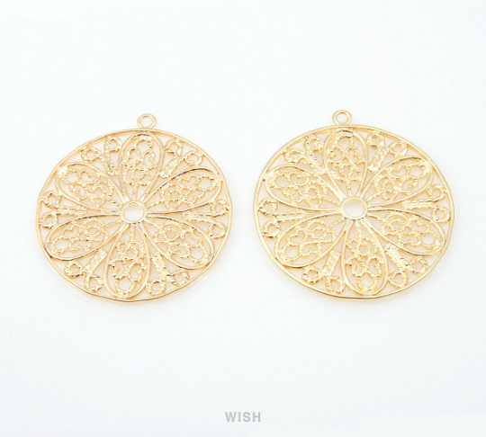 Floral Pattern in Circle Pendants in Matte Rhodium, Flower Charms / MMRH-141-P