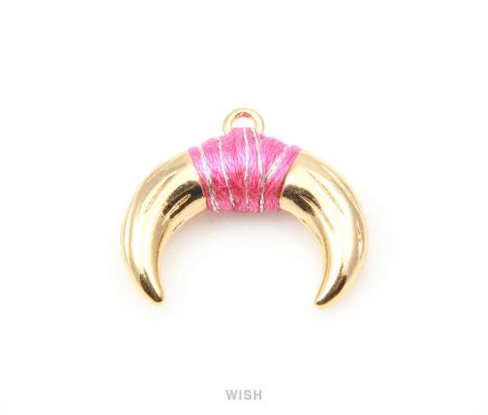 Metal Horn Pendant in Gold with Pink Strap, 16k Gold Bull's Horn Charm / MPKG-004-P (Large)