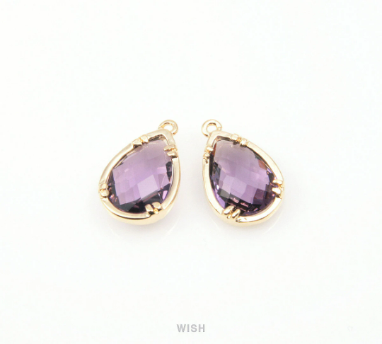 Amethyst Teardrop Glass Charm in Gold, Framed Drop Glass Gem /GTZG-092-P2 (Small)