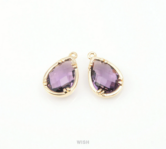 Amethyst Teardrop Glass Charm in Gold, Framed Drop Glass Gem /GTZG-092-P2 (Small)