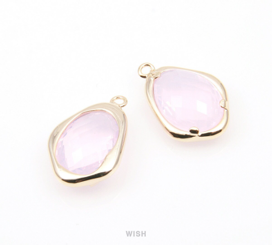 Violet Opal Faceted Glass Charms in Gold, Framed Teardrop Pendant / GVOG-085-P