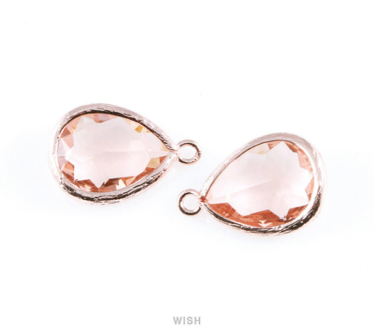 Peach Teardrop Glass Charm in Rose Gold, Framed Drop Glass Gem /  GPCRG-005-P