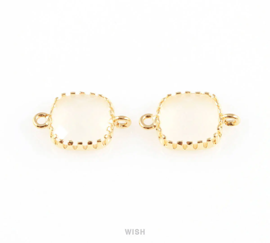 White Alabaster Faceted Glass Connector in Gold, Framed Square Connector / GWAG-007-P