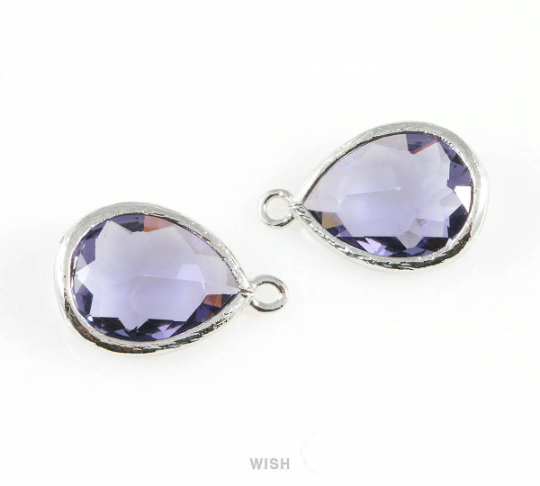 Amethyst Teardrop Glass Charm in Rhodium, Framed Drop Glass Gem /  GTZRH-005-P