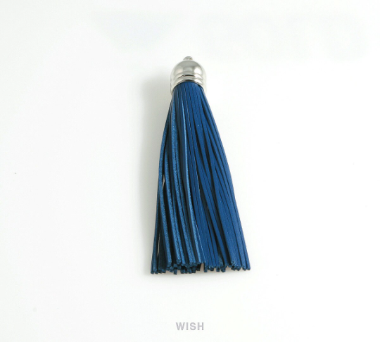 Navy Leather Tassel with Bell Cap in Rhodium, Navy Cowhide Tassel / LNVRH-006-T (1 piece)