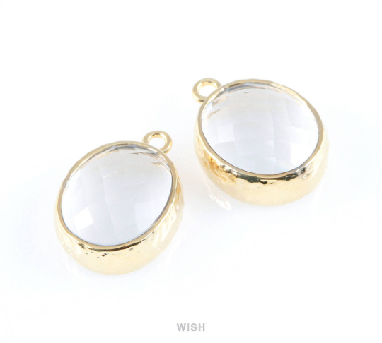 Clear Faceted Glass Charms in Gold, Framed Oval Pendant / GCLG-009-P