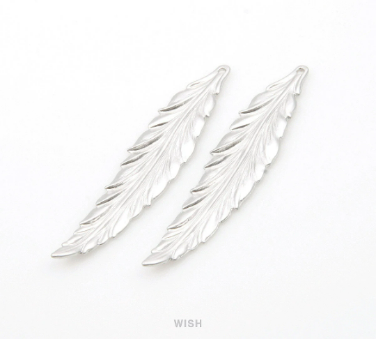 Large Feather Pendant in Matte Rhodium, Textured Feather Charm / MMRH-237-P