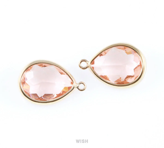 Peach Teardrop Glass Charm in Gold, Framed Drop Glass Gem / GPCG-016-P