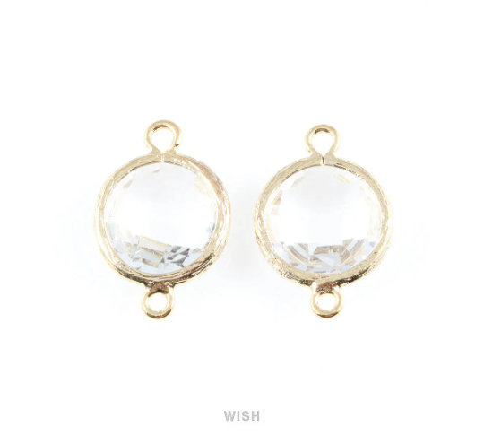 Clear faceted Glass Connector in Gold, Framed Round Glass Bead / GCLG-014-P