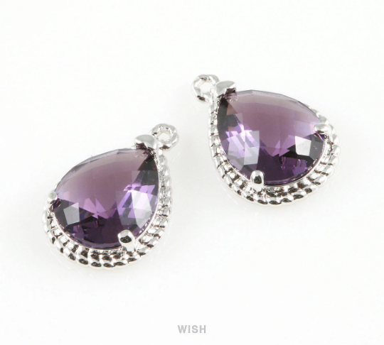 Amethyst Teardrop Glass Charm in Rhodium, Framed Drop Glass Gem / GTZRH-006-P