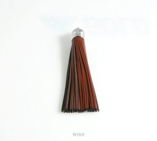 Chestnut Brown Leather Tassel with Bell Cap in Rhodium, Chocolate Cowhide Tassel / LCBRH-006-T (1 piece)