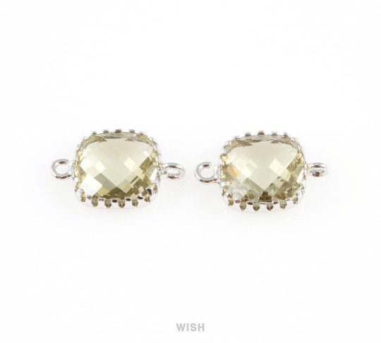Olivine Faceted Glass Connector in Rhodium, Framed Square Connector / GOVRH-007-P