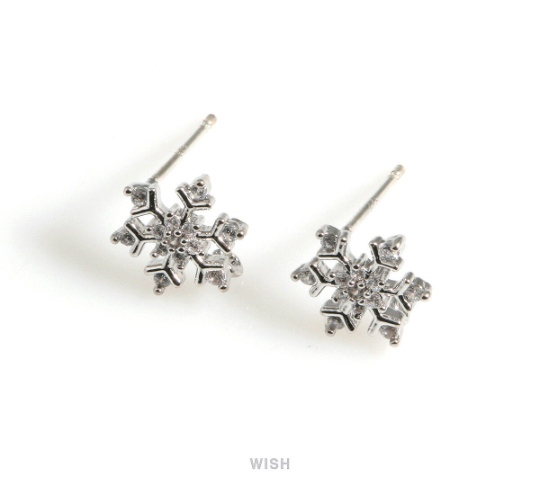 Snowflake Stud Earrings with CZ in Rhodium, CZ Snow Crystal Stud Earrings / CRH-073-E