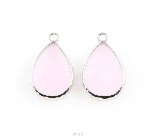 Rose Quartz Teardrop Glass Charm in Rhodium, Framed Drop Glass Gem / GRQRH-037-P