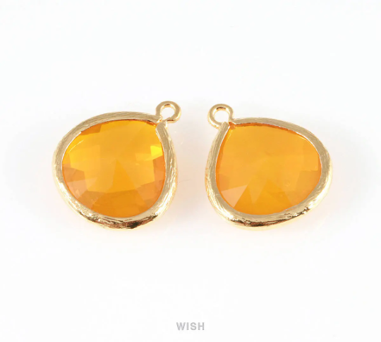 Citrine Faceted Glass Charm in Gold, Framed Drop Glass Bead / GCNG-001-P (Large)