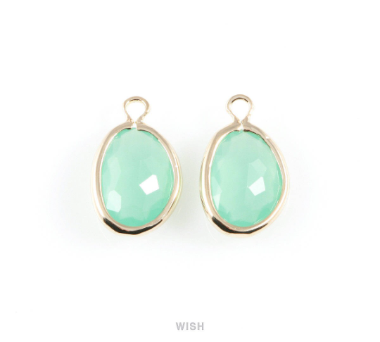 Mint Pear Glass Charm in Gold, Glass Framed Pendant / GMTG-040-P