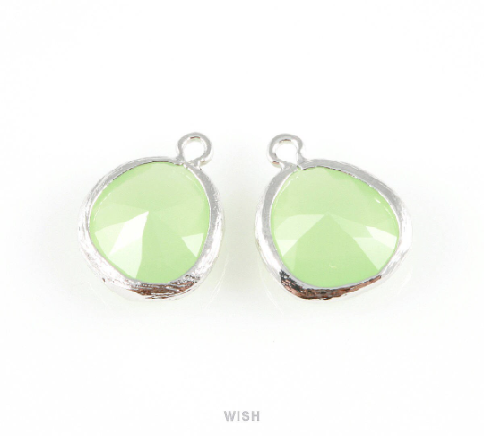 Light Mint Faceted Glass Charm in Rhodium, Framed Drop Glass Gem / GLMRH-004-P