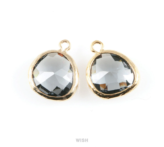 Charcoal Faceted Glass Charm in Gold, Framed Drop Glass Gem / GCCG-004-P