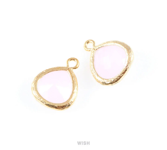 Rose Quartz Faceted Glass Charm in Gold, Framed Glass Gem / GRQG-003-P (Small)