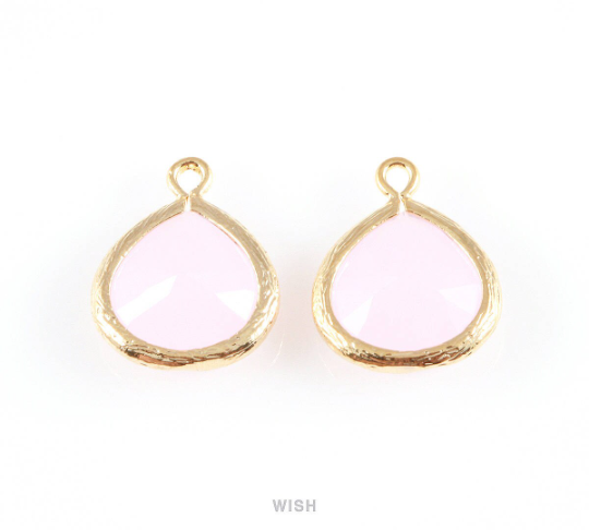 Rose Quartz Faceted Glass Charm in Gold, Framed Drop Glass Bead / GRQG-002-P (Medium)