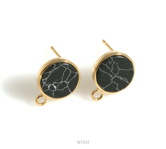 Black Marble Round Stone Stud Earrings in Gold, Gemstone Stud Earrings /