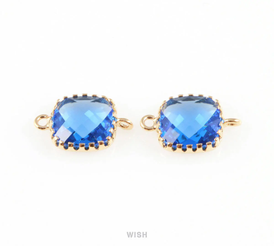 Cobalt Blue Faceted Glass Connector in Gold, Framed Square Connector / GCTG-007-P