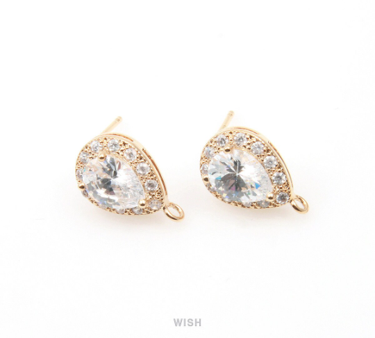 Teardrop Cubic Ear Post in Gold, 12 Sub Cubic Zirconia / CG-003-E