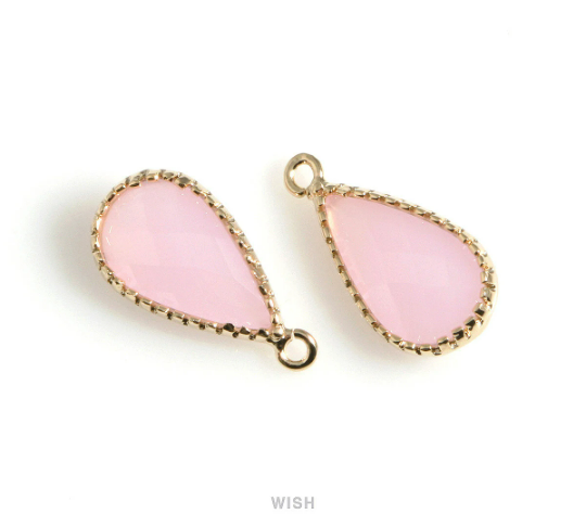 Rose Quartz Glass Drop Charm in Gold, Rose Quartz Teardrop Pendant / SRQG-117-P