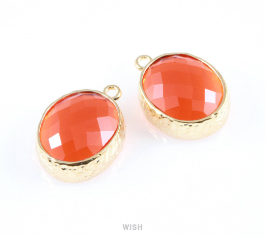 Citrine Faceted Glass Charms in Gold, Framed Oval Pendant / GCNG-009-P