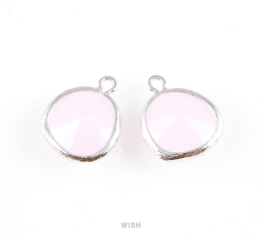 Rose Quartz Faceted Glass Charm in Rhodium, Framed Drop Glass Gem / GRQRH-004-P