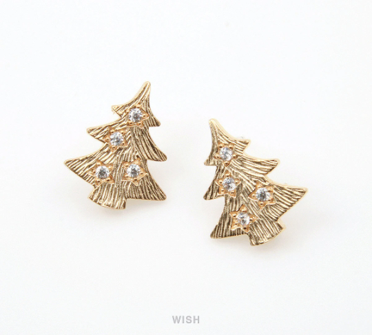 Christmas Tree with 4 Cubic Zirconia Stud Earrings in Matte Gold / MMG-252-E