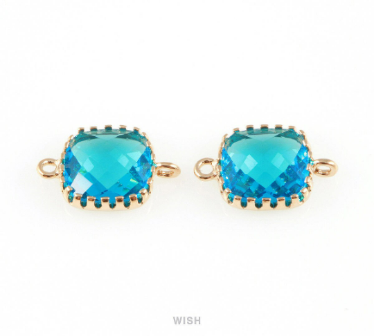 Capri Blue Faceted Glass Connector in Gold, Framed Square Connector / GCBG-007-P