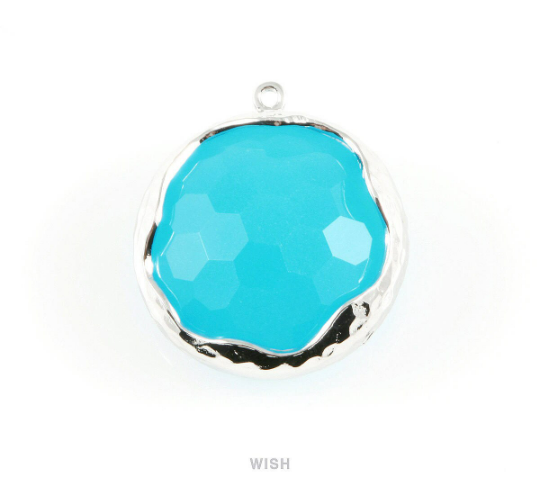 1 piece of Ocean Blue Faceted Glass Charms in Rhodium, Framed Round Pendant/ GOBRH-011-P