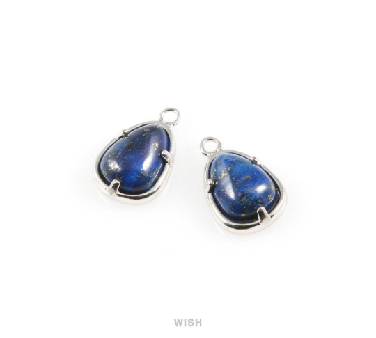 Lapis Lazuli Teardrop Stone Charm in Rhodium, Gemstone Framed Pendant / SLLRH-054-P