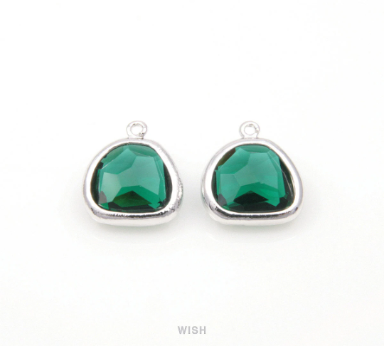 Emerald Pear Glass Charm in Rhodium, Glass Framed Pendant / GEMRH-093-P