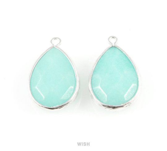 Mint Synthetic Stone Charms in Matte Rhodium, Framed Teardrop Pendant  / SMTMRH-010-P